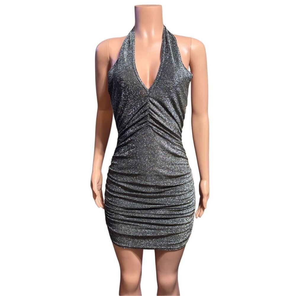SHEIN black/silver sparkly tie neck ruched mini dress L